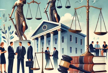 DALL·E 2024-10-09 11.40.18 - A general illustration representing the theme of law and justice. The image should feature symbolic elements such as a gavel, scales of justice, legal