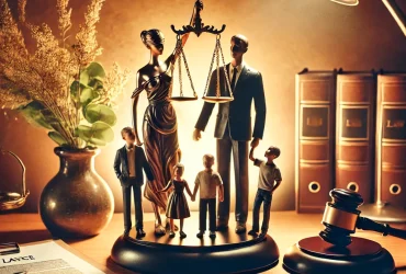 DALL·E 2024-10-09 12.15.05 - A family standing together, symbolizing unity and care, in front of the scales of justice. The background features legal documents and a subtle image