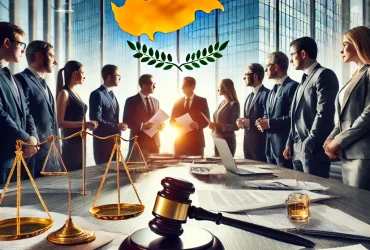 DALL·E 2024-10-09 12.20.09 - A business meeting scene with professionals in formal attire gathered around a table filled with legal documents, representing company law in Cyprus.